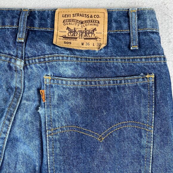 Levis 505 Orange Tab Mid Rise Dark Wash Distressed Denim‎ Blue Jeans Mens 36x32 - Picture 13 of 16
